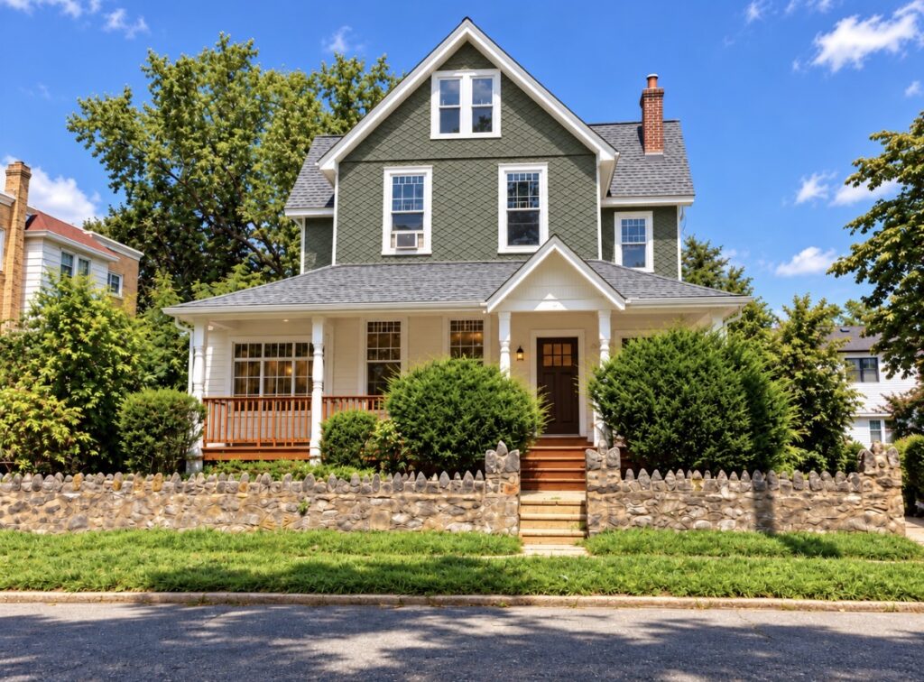 Conceptual finished exterior of 319 Levick Street in Philadelphia with cream lower exterior, existing green upper shingles and redwood-toned porch